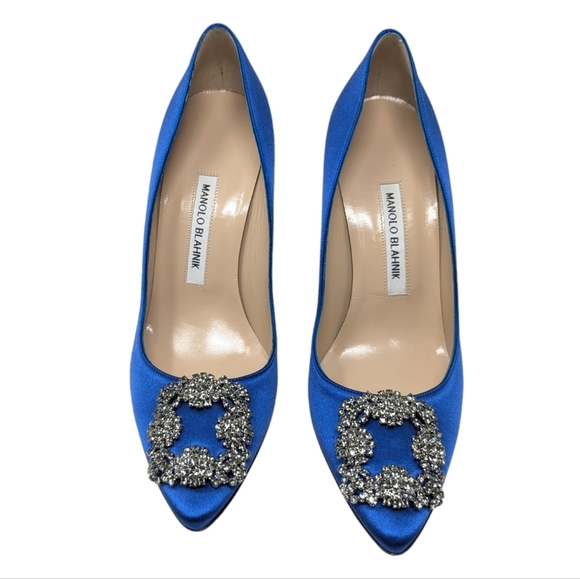 NEW Manolo Blahnik Hangisi Blue Satin Crystal Pump Size EU 38.5 - Picture 6 of 11